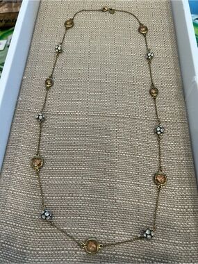 Gold-Tone Long Necklace with Pink-Gold Accents and Crystal Clusters